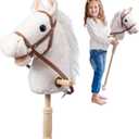 HollyHOME Stick Horse Plush Handcrafted Hobby Horse on a Stick with Wood Wheels Real Pony Neighing and Galloping Sounds for Kids Toddlers White 36 Inches(AA Batteries Required)
