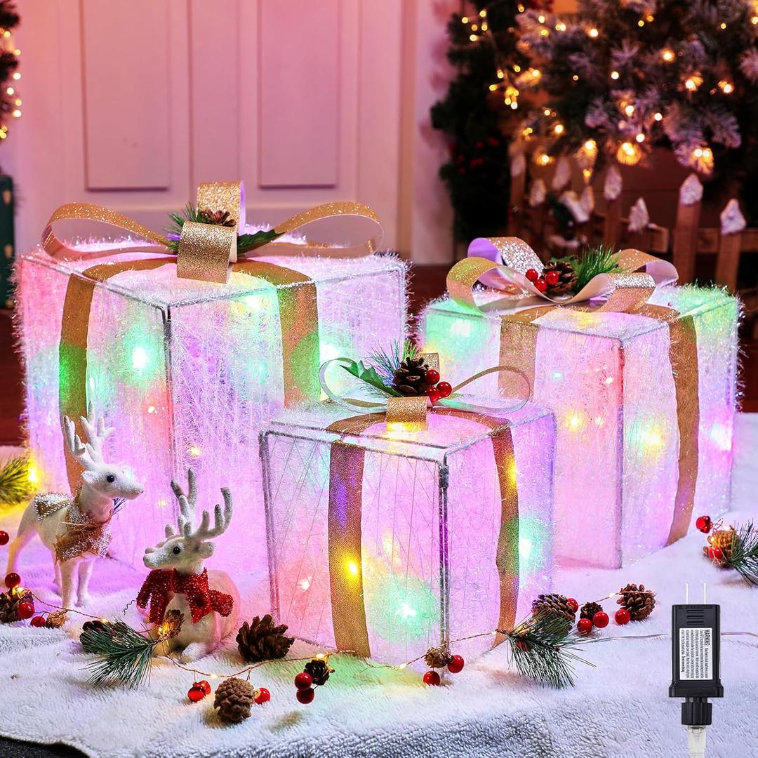 Set of 3 Christmas Decorations Lighted Gift Boxes with Bows12" 10" 8" with 60 Pre-Lit Mini String LightsFoldable LED Xmas Present Boxes for Tree Indoor Outdoor Holiday Party Yard Home Decor