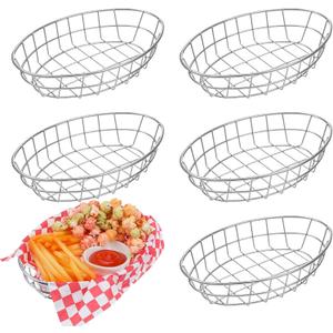 6 Pcs Wire Bread Baskets, 9.5" x 6.2" x 2.2" Oval Stainless Steel Dinner Roll Basket for Serving Fruit Bowl Storage Decorative Sandwich Container for Kitchen Table Restaurant Fast Food Burger