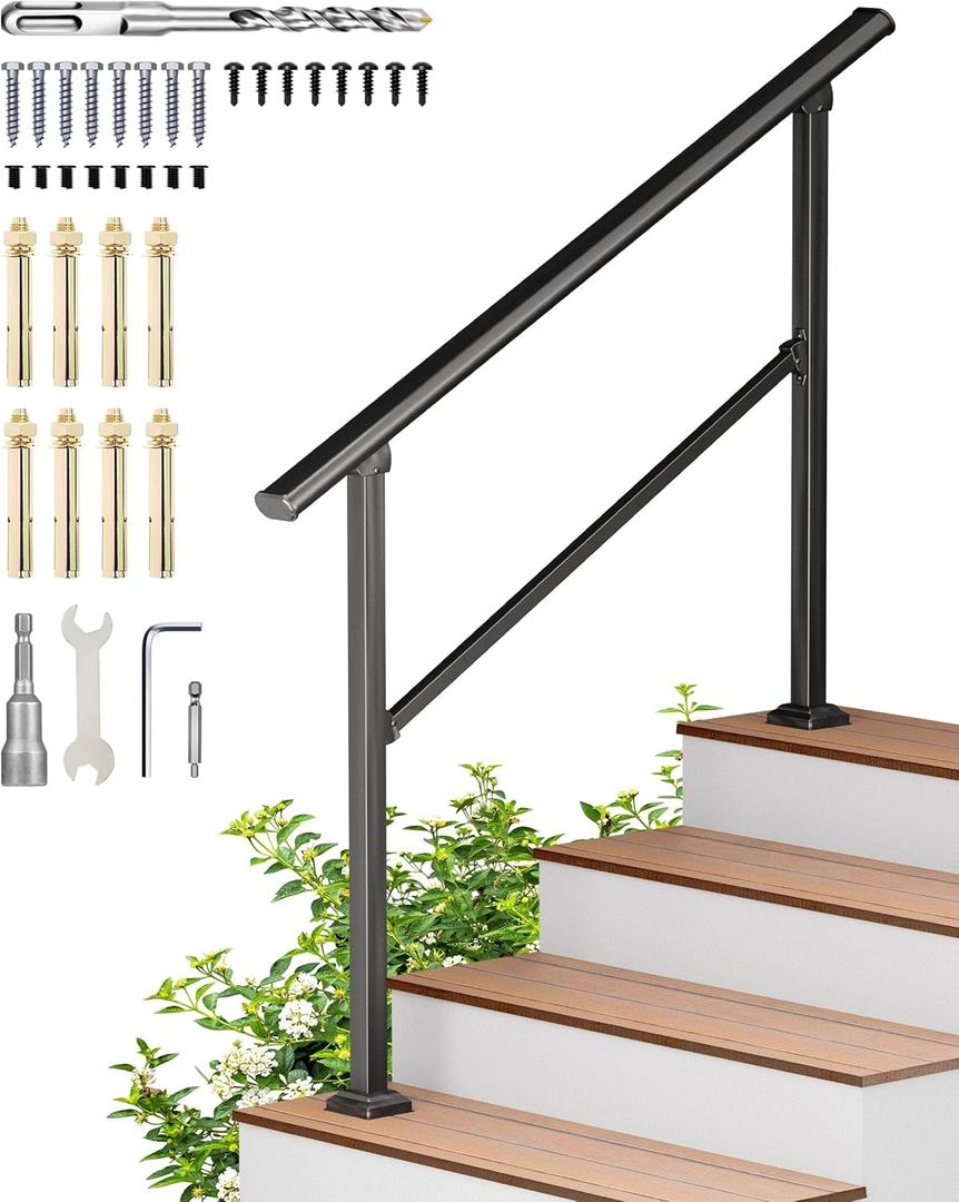 Handrails for Outdoor Steps, 4 Step HandRail Fit 3 or 4 Steps Outdoor Stair Railing, Deck Handrail, Black Wrought Iron Hand Rails kit for Concrete, Metal Porch Railing, Porch Steps, Upgrade