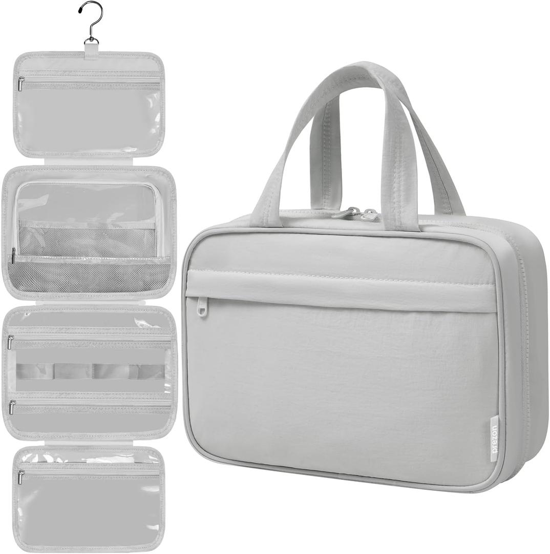 Toiletry Bag For women, Portable Hanging Organizer,4 Leakproof Compartment for full-sized Conditioner, Brushes Set, Makeup Accessories, Visible and easy to access. M-grey
