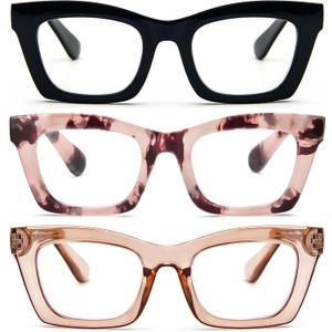REAVEE Oprah Style Reading Glasses for Women, Blue Light Blocking Stylish Oversized Computer Readers Spring Hinge (Black/Pink Leopard/Brown)