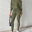 CHICME 2 Piece Lounge Outfit Long Sleeve Knit Pullover Tops Drawstring Pants Set Tracksuit Sweatsuit (Small, C-army Green)