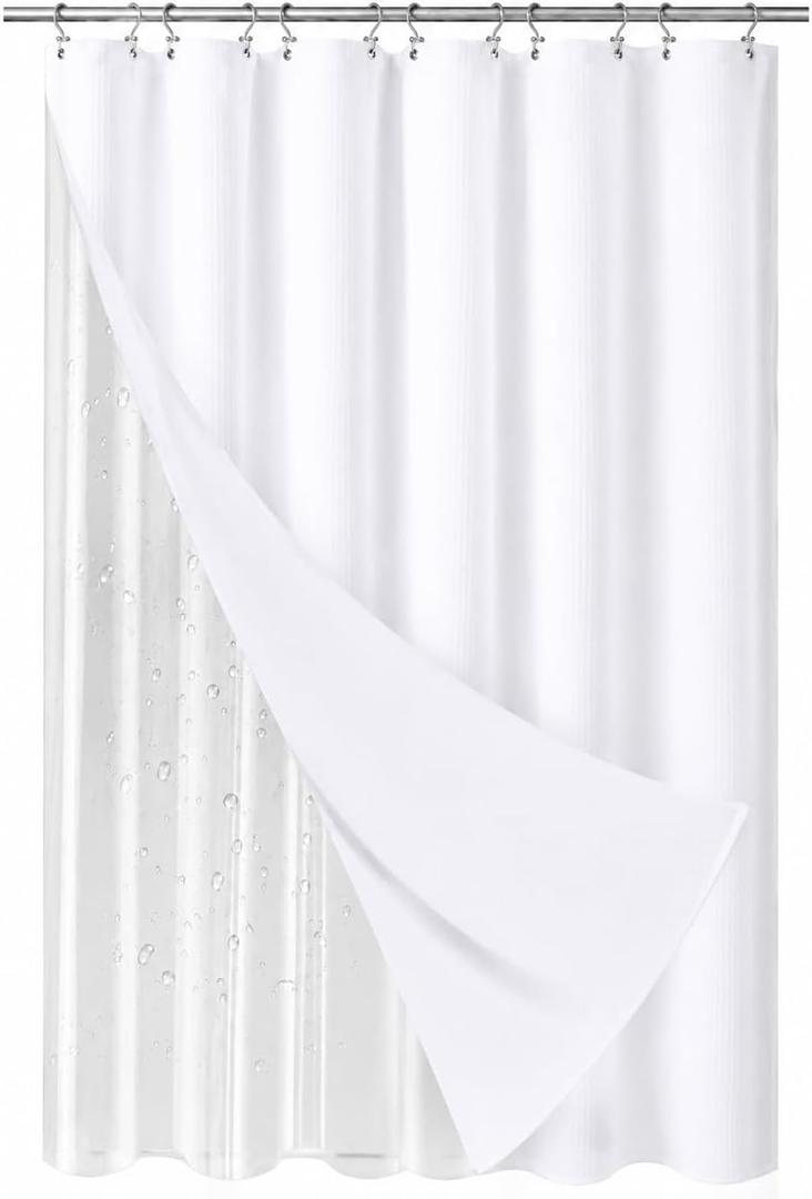 LaCyan Waterproof Waffle Shower Curtain, 258GSM Heavy Duty 3 Piece Set with Clear Liner and 12 Stainless Steel Hooks, Polyester Fabric Shower Curtains for bathroom, Machine Washable, 72x72 Inch, White