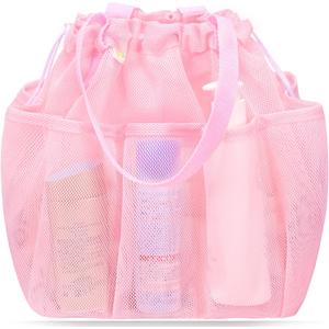 famichan Mesh Shower Caddy Portable with Drawstring, Dorm Room Essentials for College Students Girls, Large Shower Bag for Camping,Swimming,Gym,Travel,Bathroom - Pink
