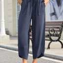 Linen Barrel Pants for Women Wide Leg Harem Palazzo Baggy Trousers | Drawstring Elastic Waist, Summer, Beach, Vacation, with Pockets (Blue, M)