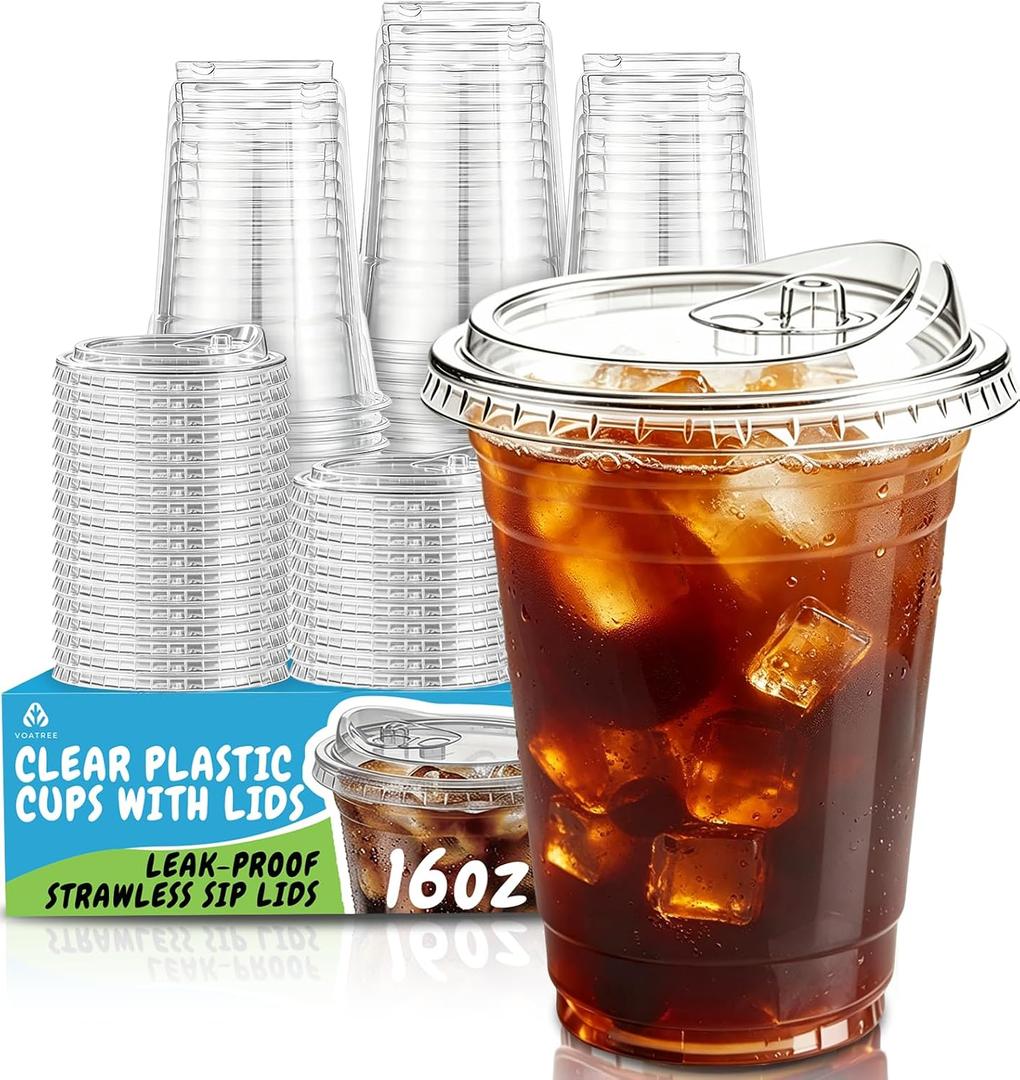 110 Pack 16 oz Clear Plastic Cups with Lids, 16 oz-110pcs (EXP 01/01/36)