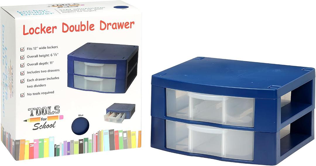Locker Drawer. Includes 2 Removable Drawer Dividers. Heavy Duty. Fits 12" Wide Locker (Blue Double)