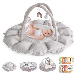 5-in-1 Convertible Baby Play Gym with 6 Toys, Tummy Time Mat for Sensory Development, Baby Activity Center from Newborn to Toddler, Ball Pit, Cat & Dog Bed, Soft Plush Pet Bed, No Ball Included (Grey)
