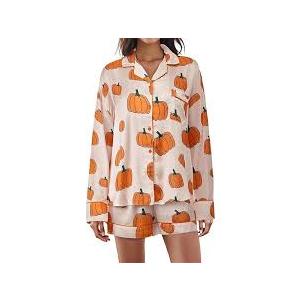 MBZJSDKHLK Women's Halloween Pajamas Set Silk Satin Ghost Pumpkin Print Long Sleeve Button Down Shirt 2 Piece Pjs Shorts Sets, L