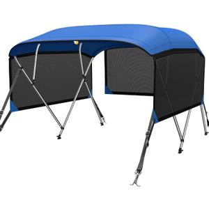 KAKIT 3 4 Bow Bimini Tops for Boats with 3 Mesh Sidewalls Rear Support Poles Boat Canopy Includes Straps Storage Boot, Dark Gray