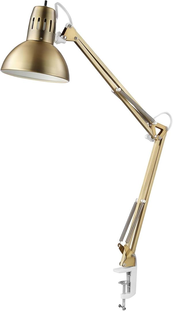 GLOBE Electric 62000010 32" Multi-Joint Desk Lamp with Metal Clamp, Matte Brass, White Accents, On/Off Rotary Switch on Shade, Partially Adjustable Swing Arm, Home Dcor, Office Accessory (33.13 inches, Gold)