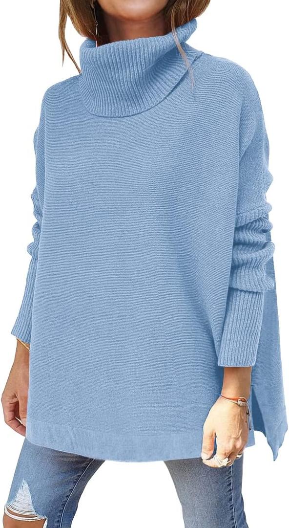 LILLUSORY Women's Turtleneck Oversized Sweaters Long Batwing Sleeve Spilt Hem Tunic Pullover Knit Tops (Medium, Light Blue)
