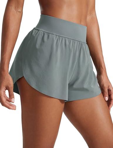 CRZ YOGA High Waisted Dolphin Athletic Running Shorts for Women 3" High Split Comfy Mesh Liner for Gym Workout Track Light Blue Small