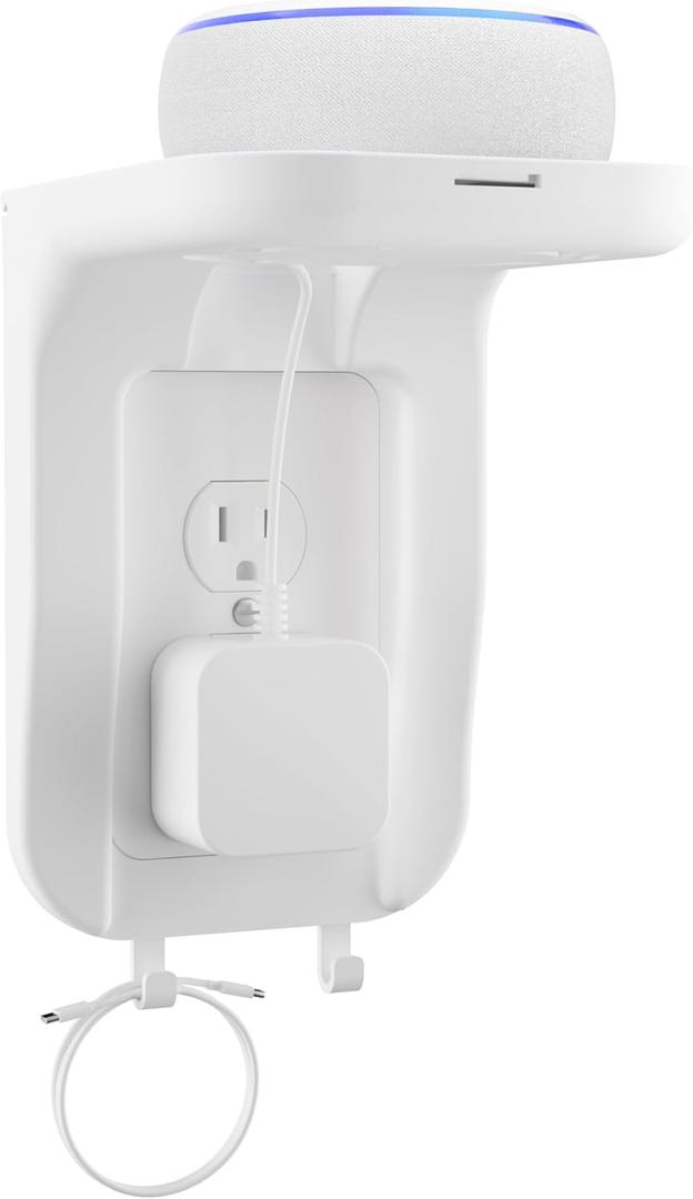 Suptek Wall Outlet Shelf, Home Wall Shelf Organizer for Outlets, Perfect for Bathroom, Kitchen, Bedrooms,Ideal for Cell Phone,Speaker up to 20lbs,with Cable Management and Detachable Hooks,White(S3W)