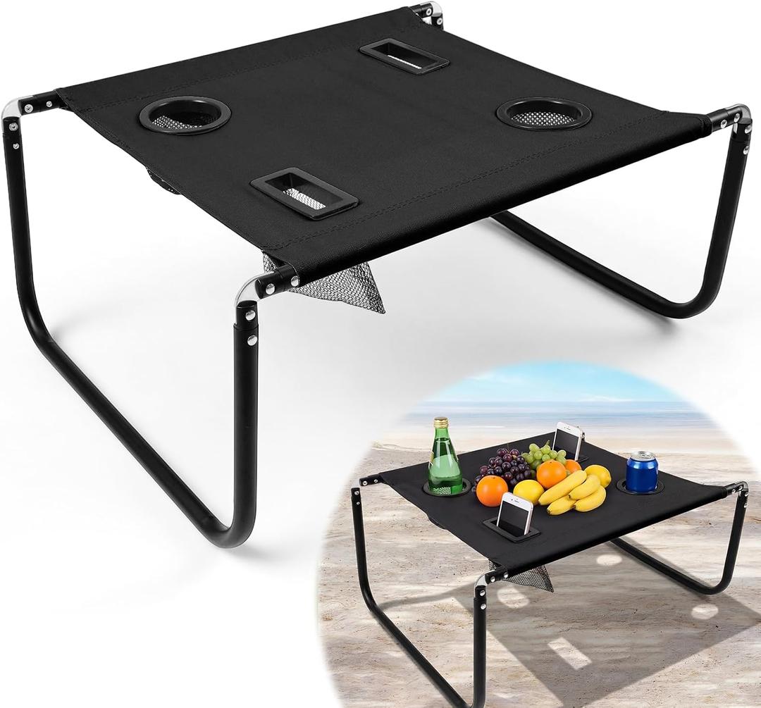 Portable Beach Table Foldable Camping Picnic Table with Cup Holder and Phone Pockets Lightweight Stable for Tailgate Travel Fishing Hiking and Outdoor Adventures(Black,Solid Pattern)