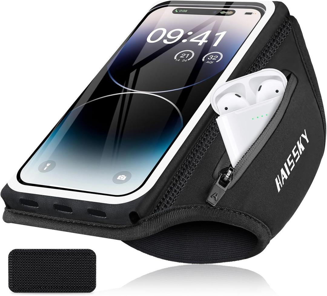 Phone Armband for Running 3D Design Cell Phone Armband with Zipper Pocket for Earbuds Car Keys, Water Resistant Sport Arm Band for iPhone 14 13 12 11 Pro Galaxy S20 S30 Fit Up to 6.9'' with Phone Case (Dark Black)