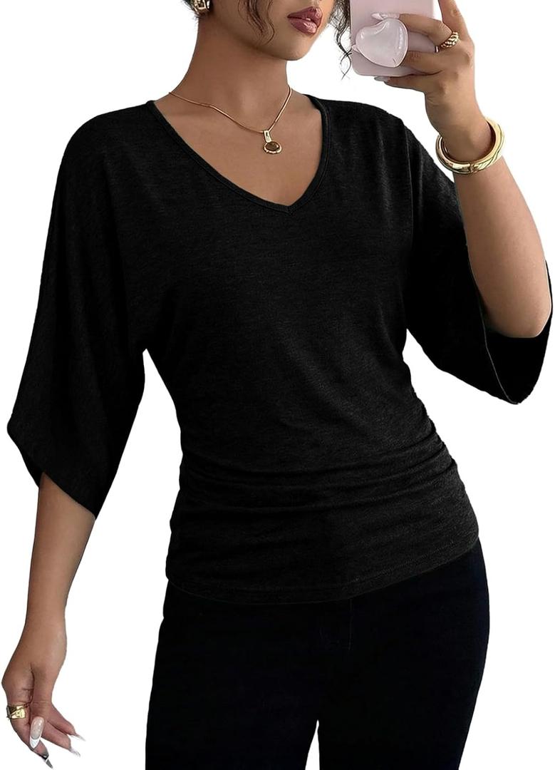 EVALESS Womens Tops Spring Summer 2026 Trendy 3/4 Length Batwing Sleeve | Ruched Going Out Dressy Blouses,Fashion Work Business Casual,V Neck Cute Loose Basic T Shirts,Beach Vacation Outfits Clothes (Black, M)