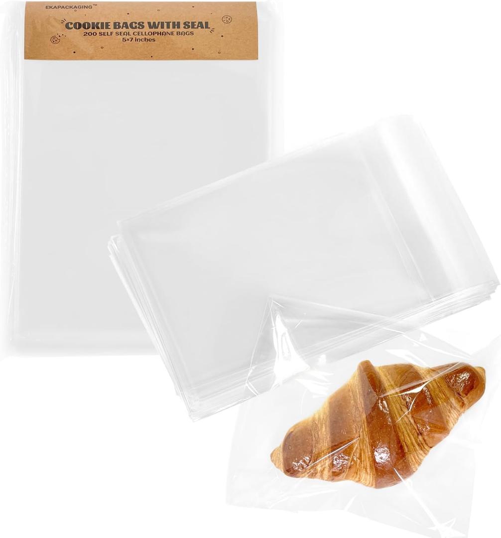 EKAPACKAGING Clear 5x7 Inches 200Pcs Self Sealing Cellophane Cookie Bags Christmas Treat Individual Party Favor Bag Plastic Sealable Small Goodie Cello Snack Gift Packaging with Seal