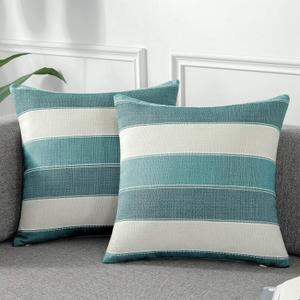 AmHoo Pack of 2 Farmhouse Stripe Check Throw Pillow Covers Set Case Cotton Linen Decorative Pillowcases Cushion Cover for Couch Bench Sofa 18x18Inch Teal Blue