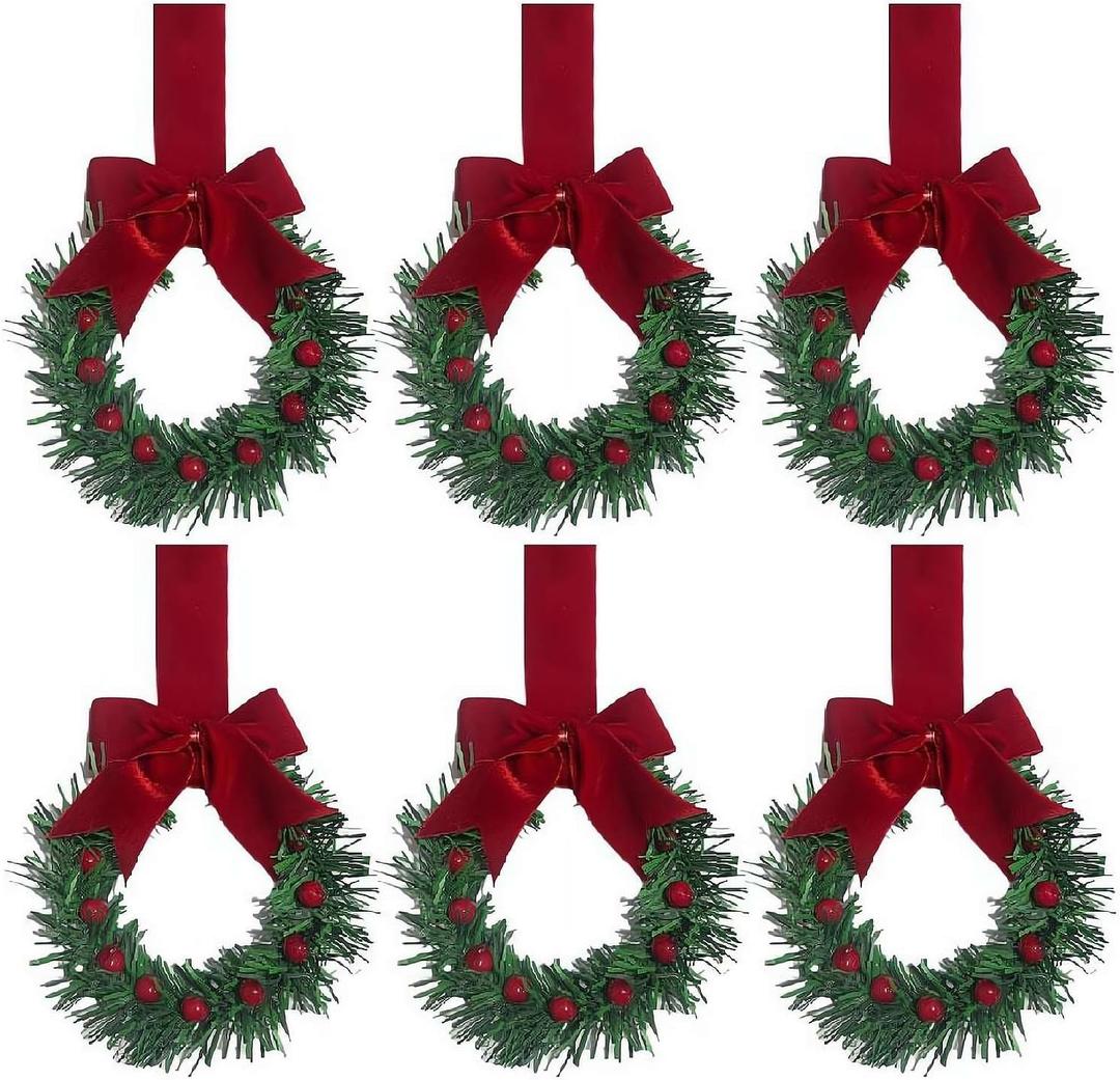 6Pcs Mini Christmas Wreath Decorations with Bow, Christmas Kitchen Cabinet Wreaths with Red Ribbon Farmhouse Decoration Artificial Hanging Garlands for Front Door Window Chair Wall