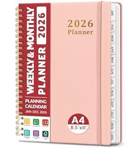 2026 Planner, Weekly and Monthly Planner, January 2026 - December 2026, Hardcover 2026 Calendar Planner Book with Tabs For Women & Men, Inner Pocket, Spiral Bound, Perfect for Office Home School Supplies - A4 (8.5" x 11"), Pink