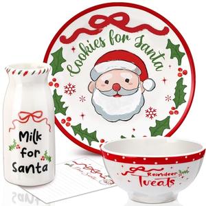 Nitial Christmas Cookies for Santa Plate Christmas Dinnerware Set Cookies for Santa Plate Set with Milk Jar, Reindeer Treat Bowl, and Dear Notepad Eve Gift for Kids(Holly Leaf)
