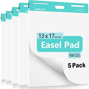 Sticky Easel Pad, 13 x 17 In Self Stick Chart Paper for Teachers, Super Sticking Power Anchor Chart Paper for White Board, Flip Chart Paper with Sticky Back for Classroom, Office, School, 30 Sheet/Pad, 5 Pads