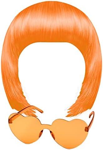 MIAHART Orange Short Bob Wig and Sunglass Set, Neon Colored Wigs Sunglass Pack Costume Colorful Cosplay Wigs Daily Party Hairpieces for Bachelorette Neon Party Favors Halloween Decorations Supplies