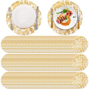 100 Pieces Gold Placemats, 13 Inch Disposable Round Foil Table Mats Bulk, Metallic Mesh Pressed Table Doilies Runners for Home Decor, Dining Table, Birthday Party, Wedding