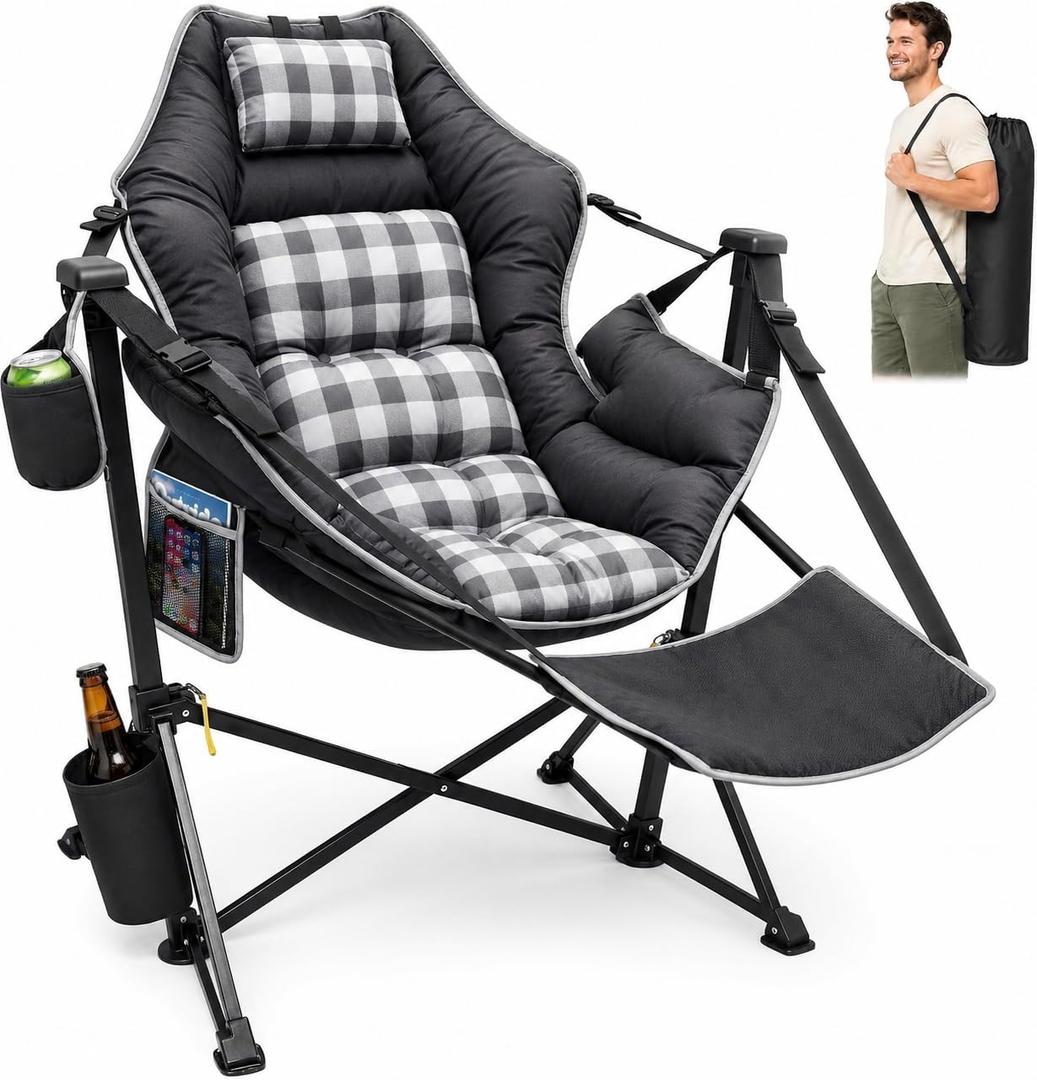 Suteck Hammock Camping Chair with Footrest, Thick Padded, Black Plaid, Oversized