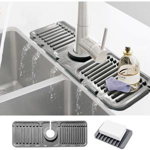 Daily Treasures 2Pack 13"x4.7" Silicone Faucet Splash Guard & Soap Dish, 5° Large Slope Sink Splash Guard, Kitchen Sink Splash Guard Sink Faucet Mat for Bashroom Kitchen Sink (Grew)