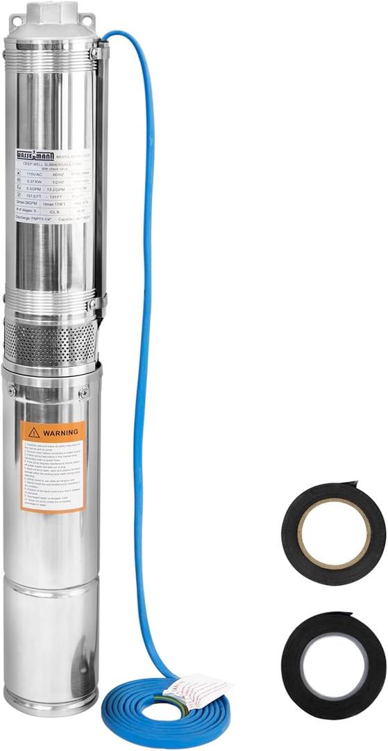 WASSERMANN 4" Deep Well Pump Submersible Well Pump with 10FT Cable,1/2HP,115V/60Hz,28GPM,179FT Head,Stainless Steel Submersible Borehole Well Water Pump for Home Farmland Irrigation and Factories