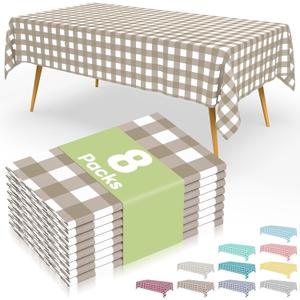 Smiry 8 Packs Gingham Disposable Table Cloth, 54 x 108 Inch Waterproof Plastic Tablecloth, Rectangle Khaki and White Checkered Table Covers for Outdoor, Birthday, Party