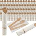 Pre Rolled Napkin and Bamboo Cutlery Set - 100Pack Bamboo Utensils/Compostable Cutlery(100 Forks, 100 Knives, 100 Spoons, 100 Napkins), Biodegradable Wrapped Cutlery for Party, Wedding, Events