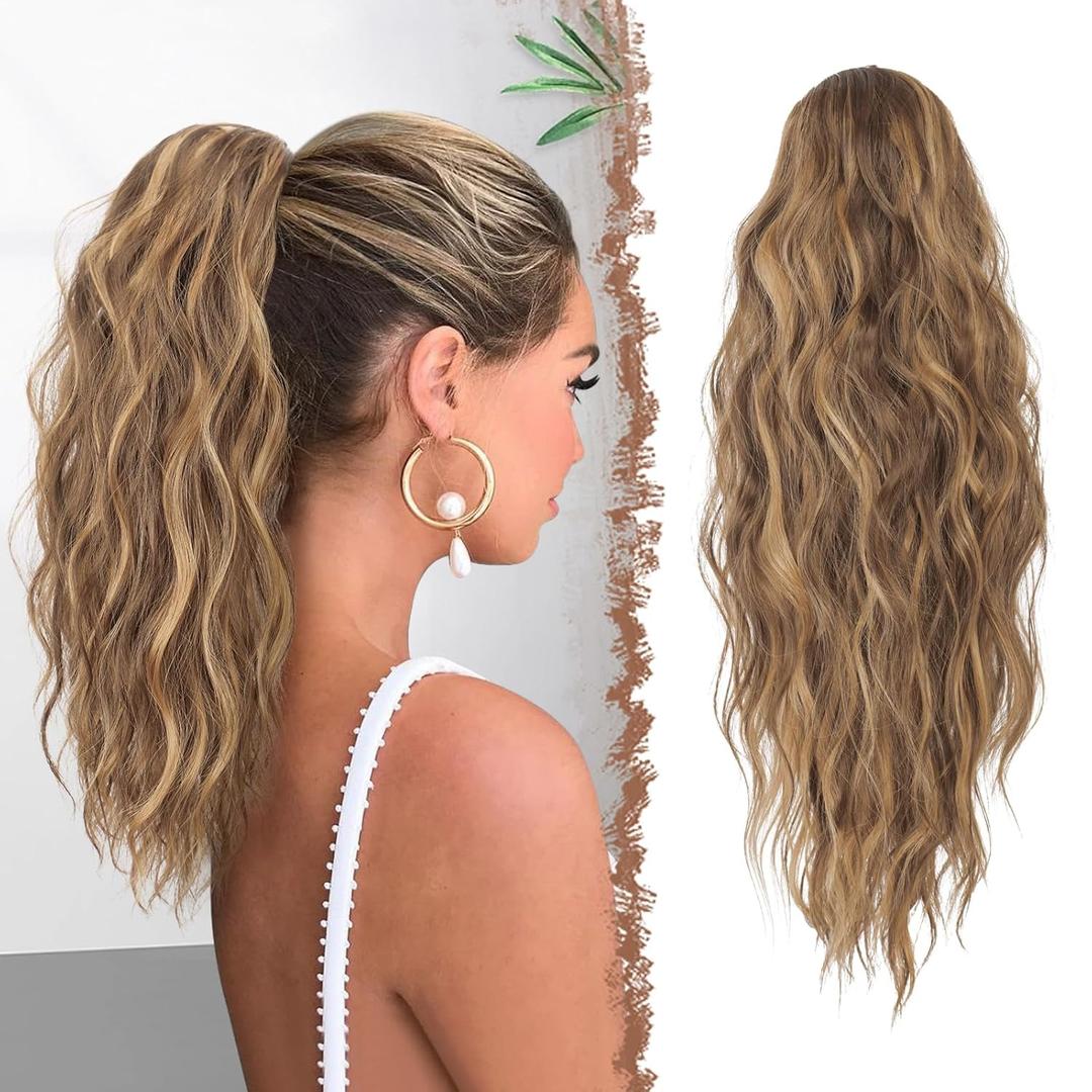 FESHFEN Ponytail Extensions - Drawstring Ponytails Hair Extension Long Curly Wavy Hair Piece Synthetic Pony Tail Hairpieces for Women, Golden Brown Mix Blonde 18 inch