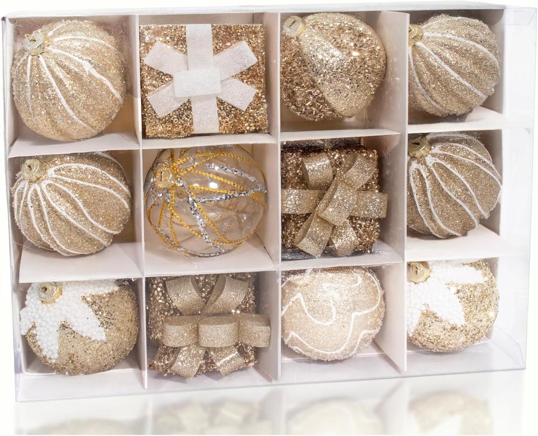 12PCS Gold Champagne Christmas Ornaments, 3.15" Clear & Glitter Balls and Gift Box Decorations, Shatterproof Hanging Ornaments for Christmas Tree, Elegant Luxury Holiday Dcor