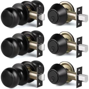 CML Hardware 3 Pack Keyed Alike Deadbolt Lock and Passage Door Knob Set, Entry Deadbolt Door Lock Combo Set, for Interior and Exterior Door, Matte Black