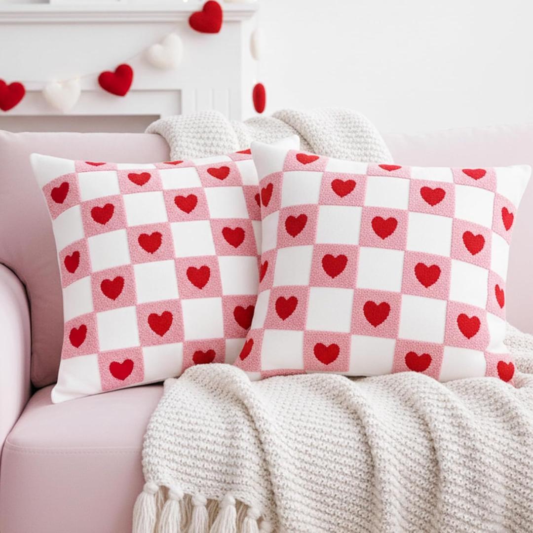 DN DECONATION White and Pink Checked Pillow Covers 18x18, Set of 2 Spring Decorative Throw Pillow Covers with Red Heart, Soft Plush Pillowcase for Couch Bed Sofa Living Room Home Decor Indoor