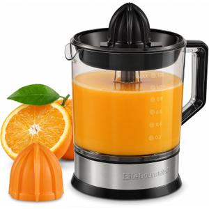Elite Gourmet ETS740 BPA-Free 40-Watt Electric Citrus Juicer with 2 Cones, Compact, Large Volume, Pulp Control, Oranges, Lemons, Limes, Grapefruits with Easy Pour Spout, 1.2L, Black/Stainless Steel