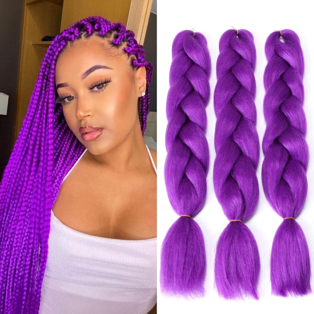 Dark Purple Braiding Hair Extensions for Box Twist Braids Crochet Hair Premium Synthetic Fiber Single Solid Color for Women 24 Inches 100g/bundle (3 Bundles/Pack,Dark Purple)