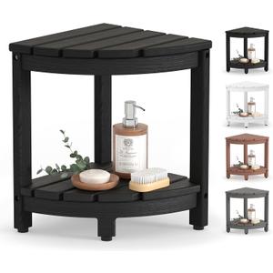 Corner Shower Stool for Inside Shower, HDPE Waterproof Shower Bench Seat Chair, Plastic Bath Shower Stool for Shaving Legs Foot Rest with Storage Shelf, Adjustable & Non-Slip Feet, Black