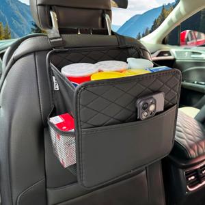 Upgrade Car Seat Organizer Backseat with Storage Pockets, Multipurpose Car Organizer Hanging, Car Trash Bag Can,Premium PU Leather Garbage Can 2.14 Gallon Large Capacity, Black.