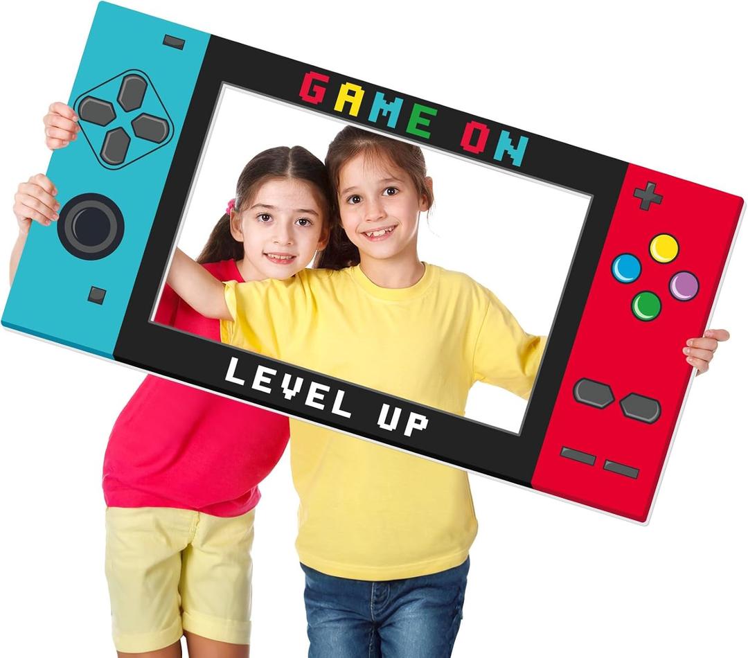31.5 x 15.9 Inch Video Game Photo Booth Props Gaming Party Supplies Game on Selfie Frame Handheld Birthday Decoration Gaming Console Corrugated Plastic Picture Frame Gamer Fan Favors for Boys & Girls (Red and Blue)