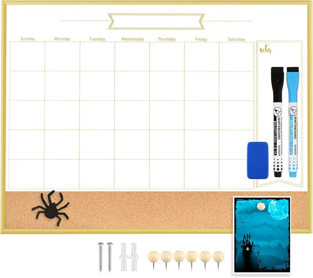 Whiteboard Calendar & Corkboard, 18" x 24" Dry Erase White Board & Bulletin Board, Gold Aluminum Frame Calendar/Cork Combo Board(ZHYL-Gold-4560-B+1) (24''18'')