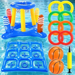 Junkin Pool Plaything Set, 2in1 Inflatable Pool Floats Basketball Hoop & Ring Match Tic-tac-Toe Inflatable Swimming Gadget for Adults Family Beach Party, Suitable for Both Water and Land Activities