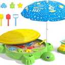 Turtle Sandbox with Lid & Adjustable Umbrella, Sand Pit with Dump Truck, 8PCS Beach Toys Set for Toddler 3-5, Outdoor Indoor Play Sand Activity Sensory Playset Summer Backyard Gift for Boys Girls