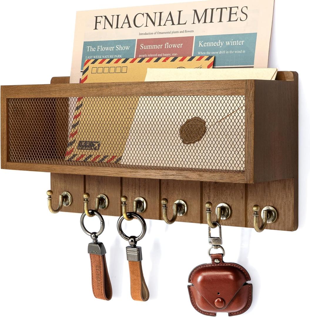 Rebee Vision Key Holder Wall Mount with Mesh Mail Basket  Mail Organizer for Wall Decor with 6 Key Hooks for Entryway, Kitchen  Functional Home Decor & Space-Saving Wooden Organizer (Golden Hook) (Light Brown)