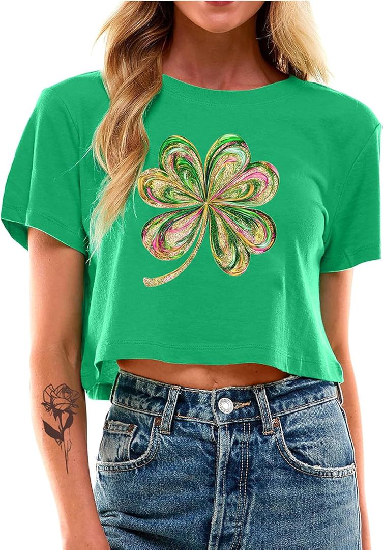 St Patricks Day Shirt Women Crop: Sexy Saint Patricks Day Crop Tops Funny Shamrock Tshirt Irish Graphic Tee (Green 01), XL
