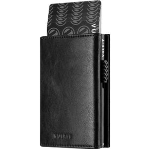 VULKIT Card Holder Wallet with Coin Pocket Magnetic Closure Pop Up Cards With ID Window Leather Wallet for Cash & Credit Cards (Black)